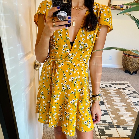mustard floral wrap dress